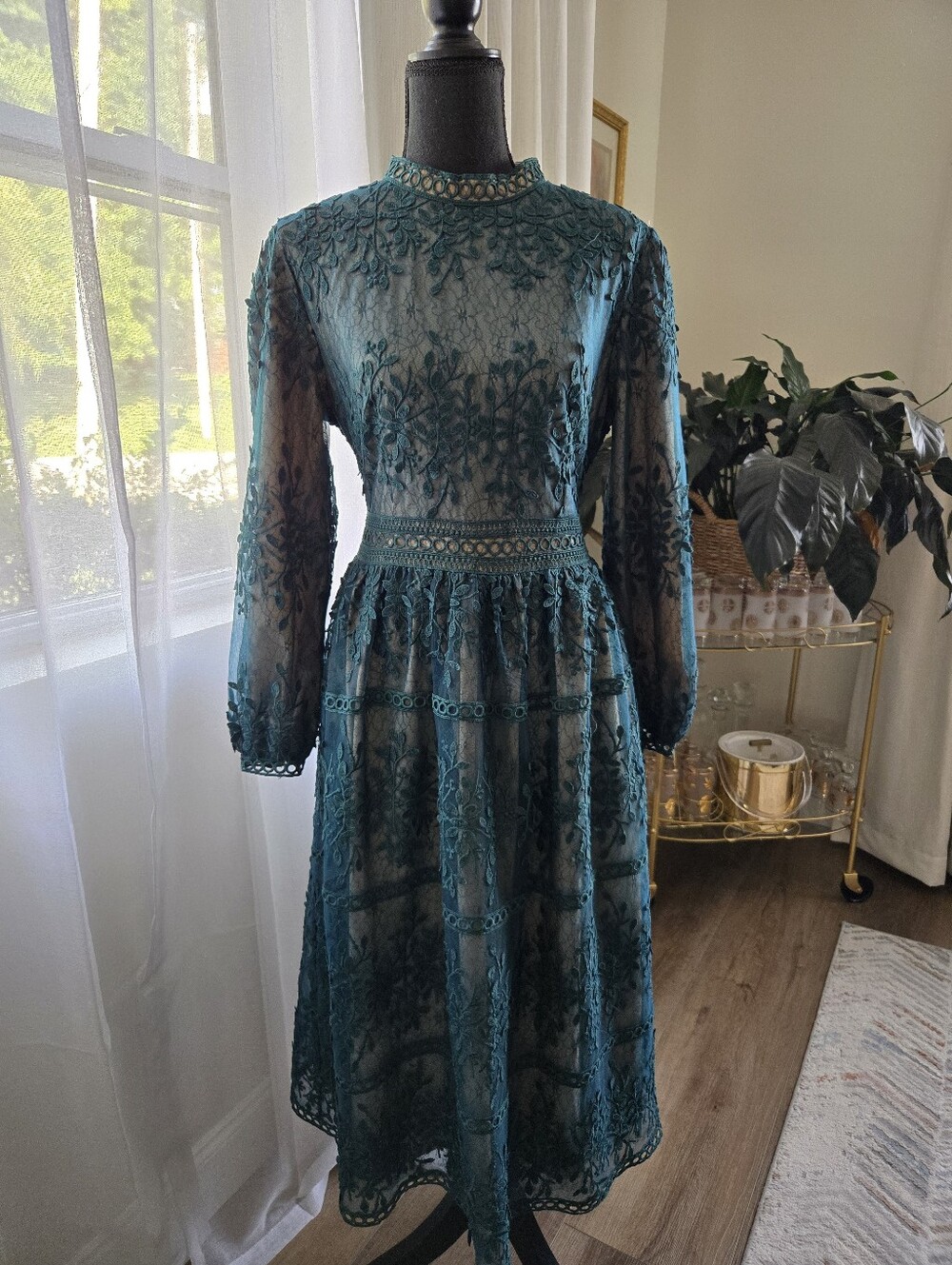 Ivy City Co Sicily Midi Dress With Green Floral Lace Overlay & Champagne Lining